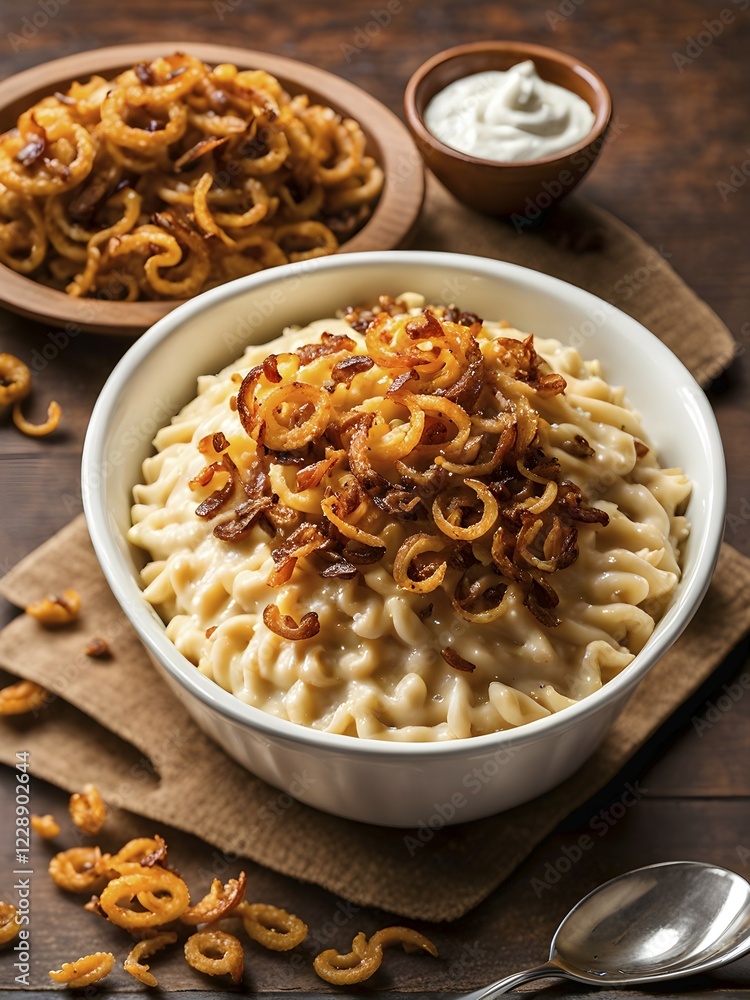 Spaetzle draped in creamy cheese, crispy fried onions sprinkled on top, AI generated, AI generated Spaetzle draped in creamy cheese, crispy fried onions sprinkled on top, AI generated, AI generated