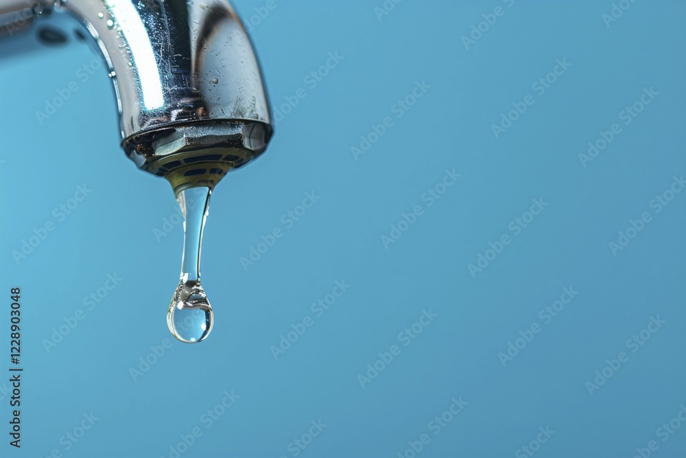 Single drop of water coming out of water tap on blue background. KI generiert, generiert, AI generated Single drop of water coming out of water tap on blue background. KI generiert, generiert, AI generated