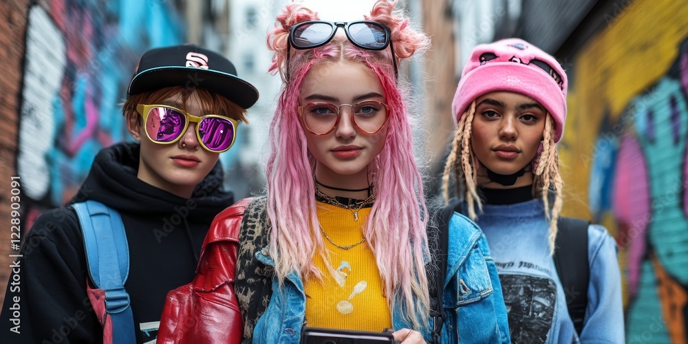 Fototapeta premium Youthful Urban Vibes: Diverse Teens in Trendy Street Style