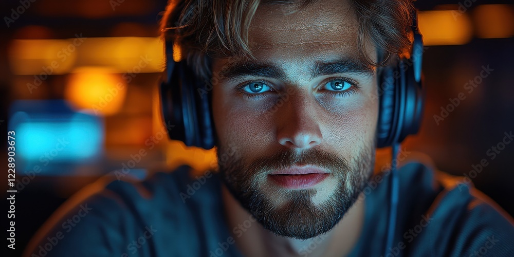 Caucasian man speaking on a headset in a modern corporate environment. Caucasian man speaking on a headset in a modern corporate environment.