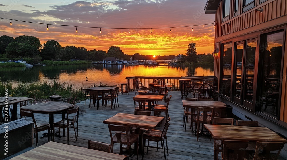 Sunrise patio dining, waterfront restaurant, summer sunset Sunrise patio dining, waterfront restaurant, summer sunset