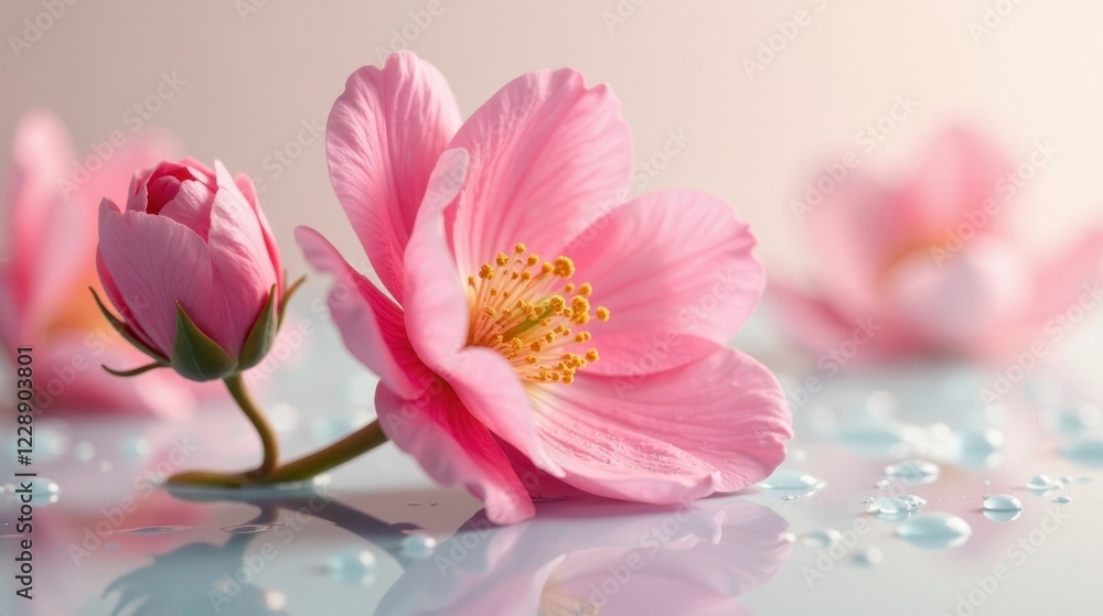 Delicate Pink Blossoms Resting on a Reflective Surface Adorned with Water Droplets Delicate Pink Blossoms Resting on a Reflective Surface Adorned with Water Droplets