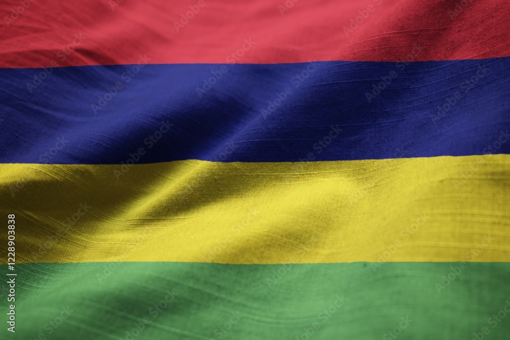 Naklejka premium Closeup of Ruffled Mauritius Flag, Mauritius Flag Blowing in Wind