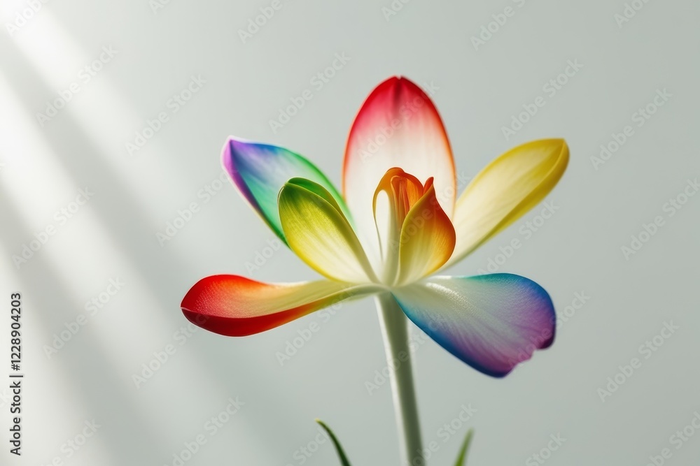 Obraz premium Beautiful close-up of a rainbow-toned flower on a plain white background, emphasizing its dynamic colors and organic structure
