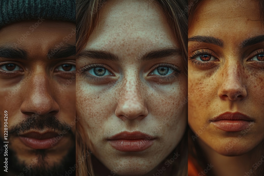 Close-up portraits of three diverse individuals, showcasing their unique features and expressions. Their gazes meet the viewer directly. Close-up portraits of three diverse individuals, showcasing their unique features and expressions. Their gazes meet the viewer directly.