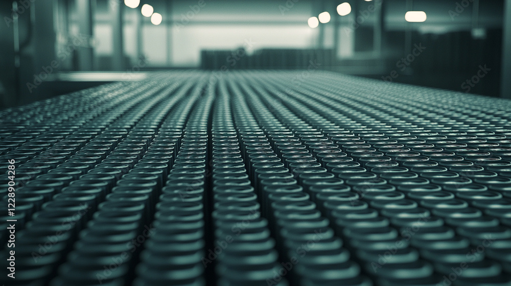 Rows of aluminum cans arranged in neat order representing mass production and consumption of beverages modern minimalist bright tone blurred with empty space for captions
