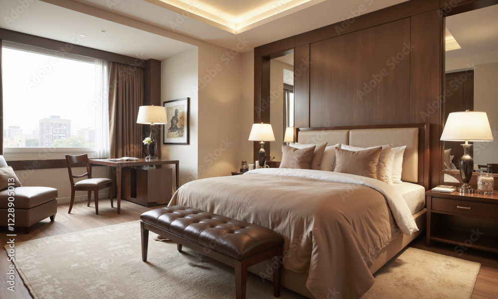 A calm and peaceful bedroom featuring mocha mousse-colored walls, with a luxurious king-sized bed dressed A calm and peaceful bedroom featuring mocha mousse-colored walls, with a luxurious king-sized bed dressed