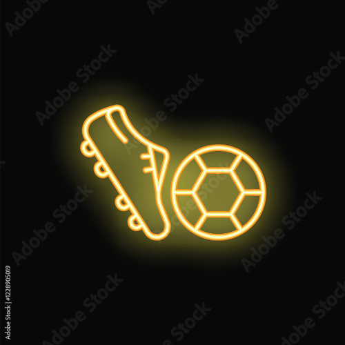 Glowing neon style icon of a soccer boot kicking a soccer ball, representing the popular sport of soccer