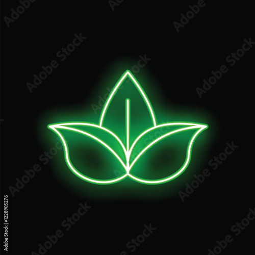 Green neon sign glowing in the dark, shaped like three leaves, conveying a message about ecology and nature