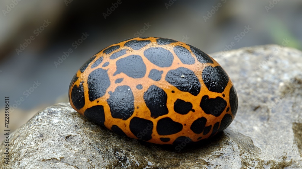 Obraz premium Orange-black snail shell on rock near stream