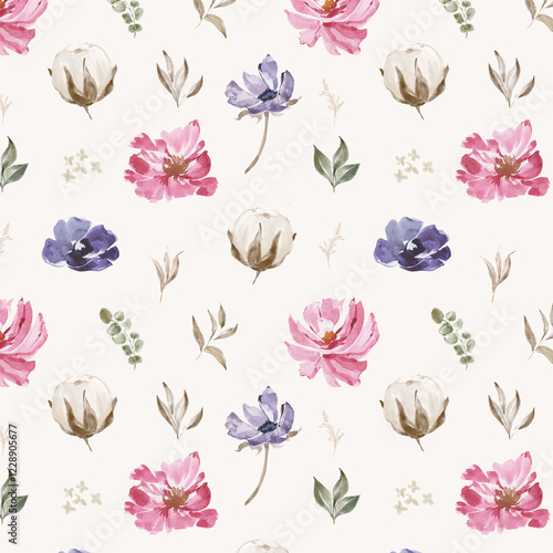 watercolor flowers seamless pattern cotton leaves wildflowers isolated