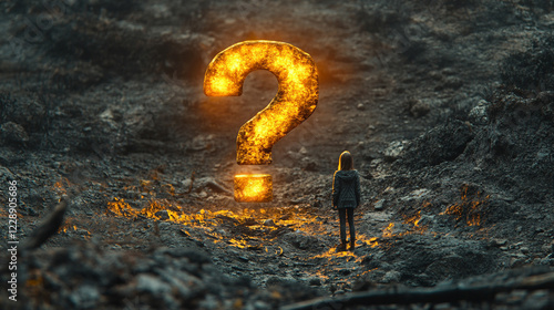 A silhouette of a small person standing before a glowing, huge question mark in a dimly lit, abstract background symbolizing uncertainty, curiosity, decision-making, and the search for answers

 photo