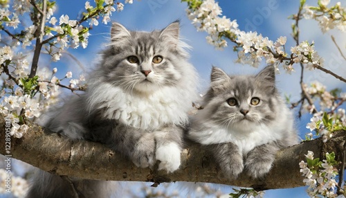 Ai generated, animal, animals, mammal, mammals, cat, felidae (Felis catus), pedigree cat, pedigree cats, two Main Coon cats resting in a fruit tree, tree blossom, cat with kitten, grey-silver, grey-white photo