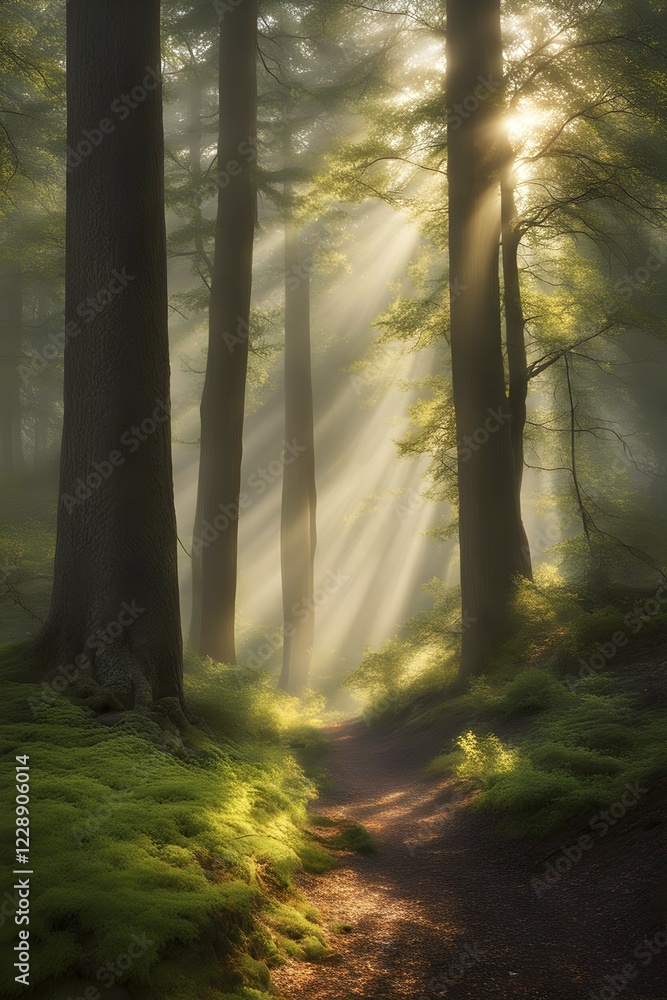 Fototapeta premium Fog covered forest in summer with mystic golden sunlight, AI generated