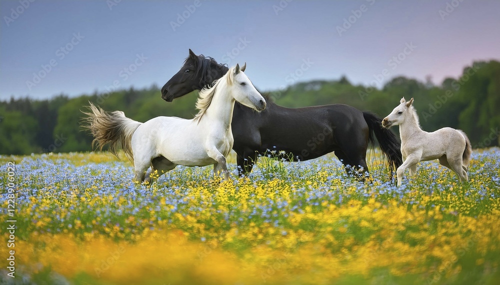 Fototapeta premium Horse family, stallion, mare and two foals, studio, AI generated