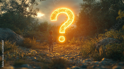 A silhouette of a small person standing before a glowing, huge question mark in a dimly lit, abstract background symbolizing uncertainty, curiosity, decision-making, and the search for answers

 photo