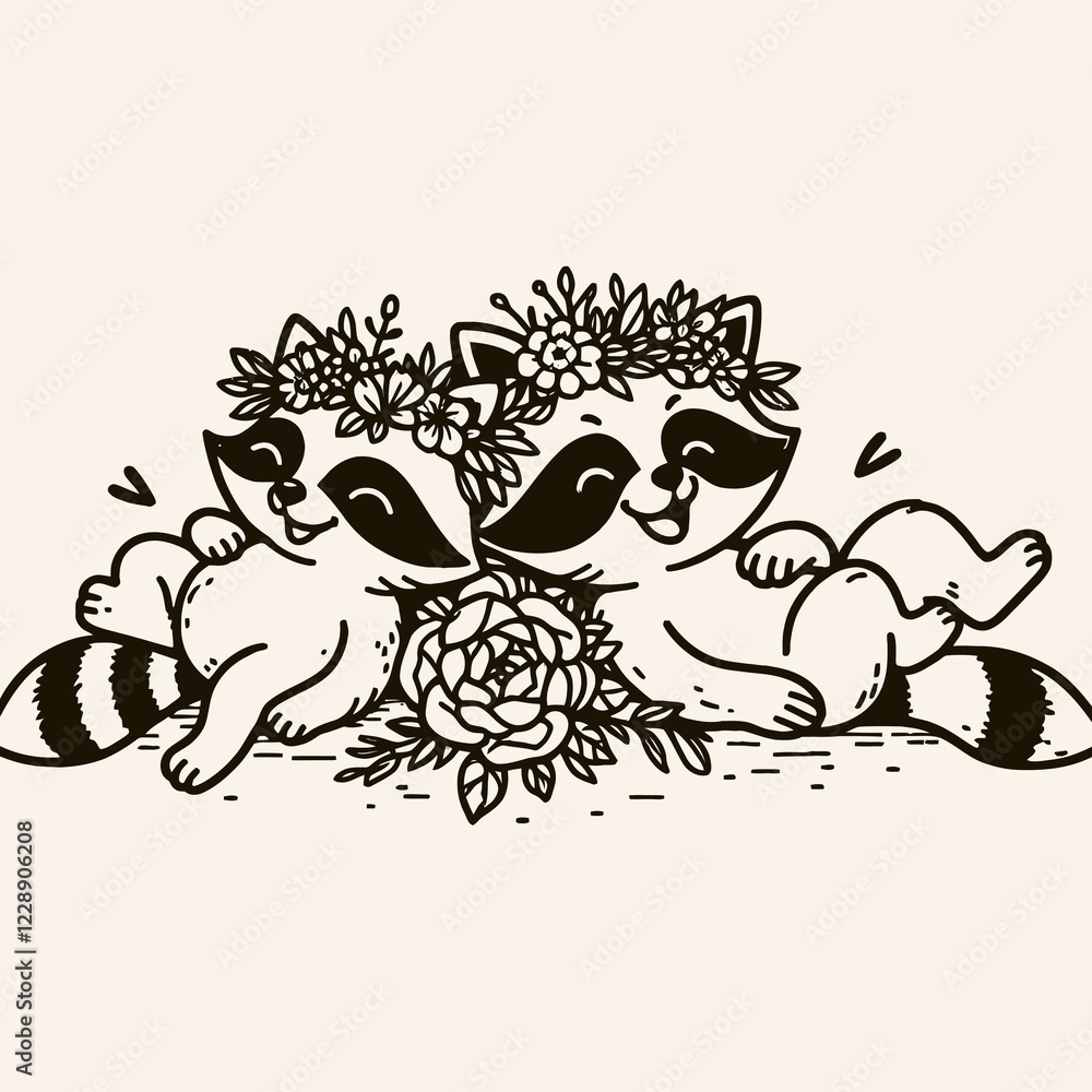 Fototapeta premium Two cute raccoons adorned with floral crowns cuddle together, surrounded by flowers, conveying a charming and playful vibe.