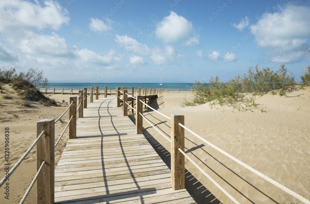 Wooden footbridges at the beach of Riumar, Ebro Delta Nature Reserve, Tarragona province, Catalonia, Spain, Europe Wooden footbridges at the beach of Riumar, Ebro Delta Nature Reserve, Tarragona province, Catalonia, Spain, Europe
