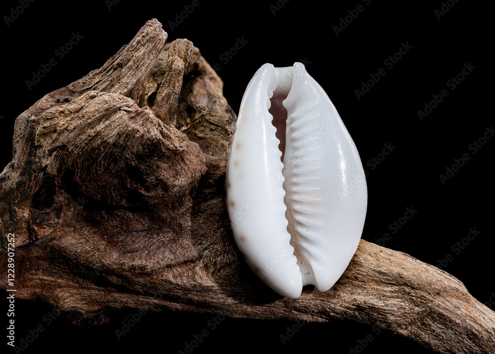 Naria erosa cowry on driftwood black background