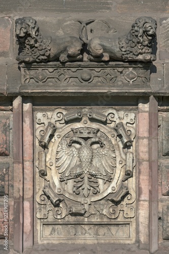 Relief, double-headed eagle of 1596 at the city wall, Königstorgraben, Nuremberg, Middle Franconia, Bavaria, Germany, Europe photo