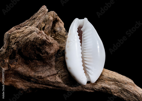 Obraz na płótnie Naria erosa cowry on driftwood black background w salonie