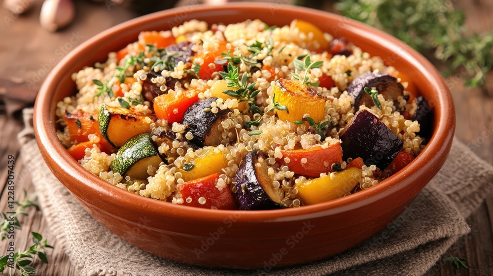 A vibrant bowl of quinoa topped with roasted vegetables and fresh herbs, set on a rustic wooden table A vibrant bowl of quinoa topped with roasted vegetables and fresh herbs, set on a rustic wooden table