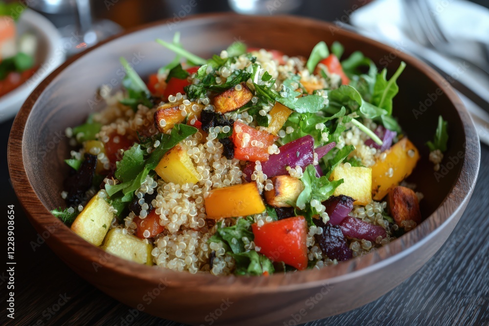 A vibrant salad made of quinoa, roasted vegetables, and mixed greens, served in a rustic wooden bowl A vibrant salad made of quinoa, roasted vegetables, and mixed greens, served in a rustic wooden bowl