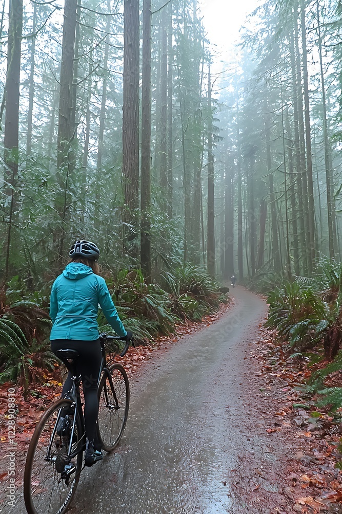 Obraz premium Cyclist pausing on a foggy trail surrounded by dense trees fading into the mist