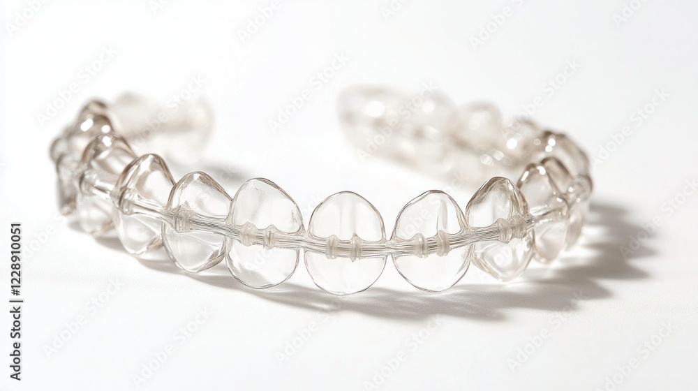 A dental-focused photograph of clear braces on teeth, highlighted against a clean white background. A dental-focused photograph of clear braces on teeth, highlighted against a clean white background.