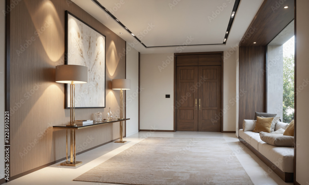 Fototapeta premium A contemporary hallway with a long, sleek console table made of glass and gold accents, flanked by two tall floor lamps in mocha