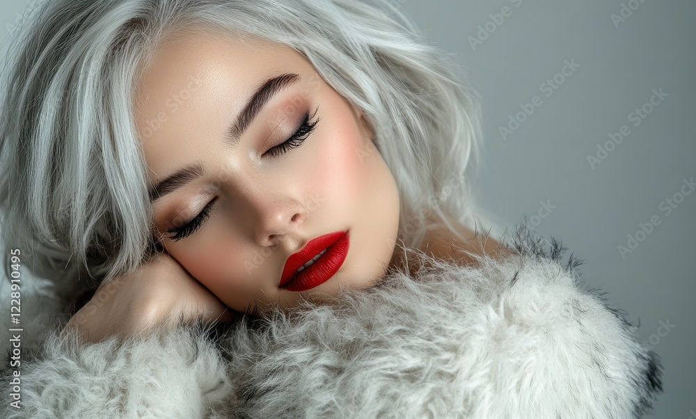 Elegant portrait of a woman with silver hair and red lipstick Elegant portrait of a woman with silver hair and red lipstick