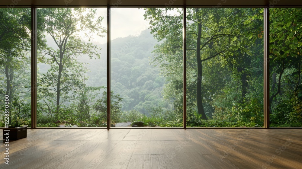 Naklejka premium Transform Your Living Space: A Room with a Grand Window Overlooking a Peaceful Forest for Mental Wellness