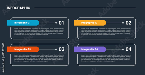 process stages workflow infographic dark outline for slide presentation with round rectangle box with badge on side with 4 point list