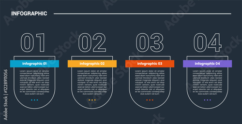 process stages workflow infographic dark outline for slide presentation with slice round rectangle with number on top with 4 point list