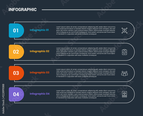 process stages workflow infographic dark outline for slide presentation with round rectangle box container in stack vertical layout with 4 point list vector