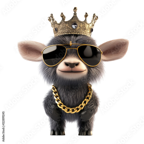 Cute Himalayan Tahr in Hip Hop Style Wearing Gold Chains and Sunglasses with a Crown Accessory photo