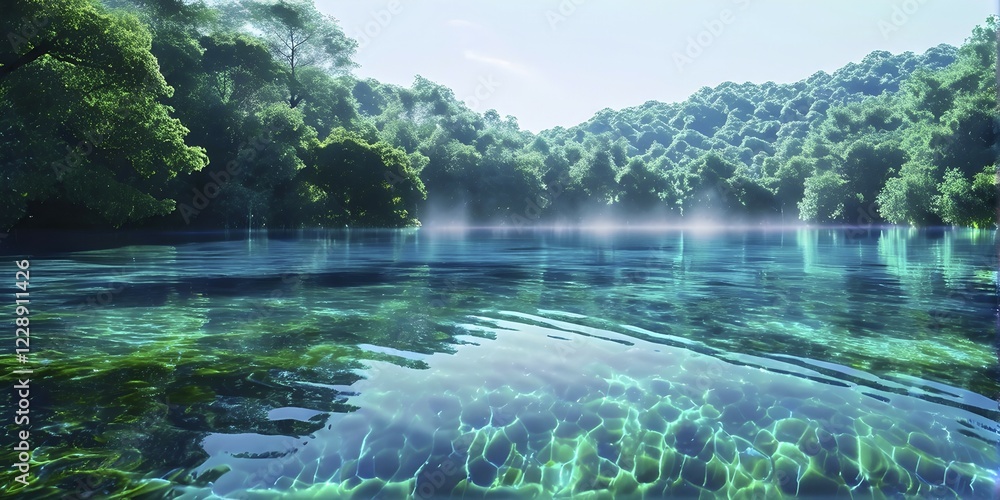 Naklejka premium AI generated illustration of a serene lake with reflections on the surface replaced with shimmering digital patterns