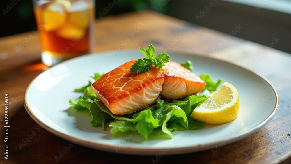 A delectable dish featuring pan-seared salmon fillets, artfully arranged on a bed of fresh greens, accompanied by a wedge of lemon. A delectable dish featuring pan-seared salmon fillets, artfully arranged on a bed of fresh greens, accompanied by a wedge of lemon.