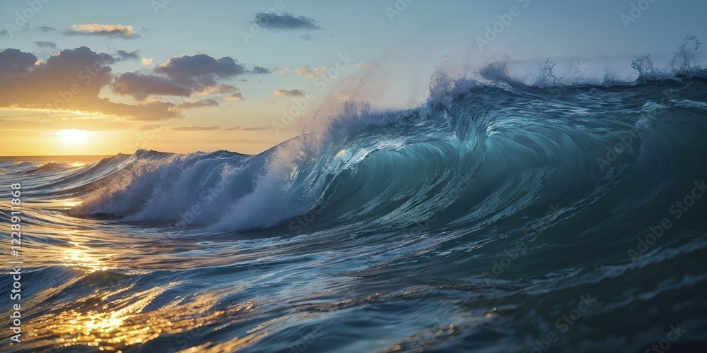 Fototapeta premium Blue ocean wave cresting with feral energy, AI generated