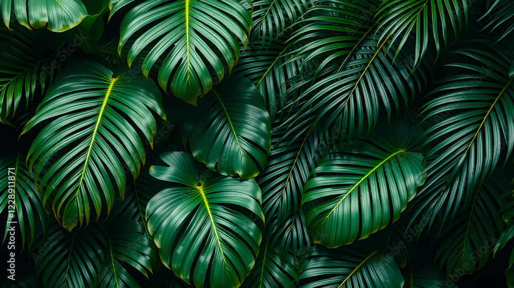 Monstera and palm leaves jungle texture Monstera and palm leaves jungle texture