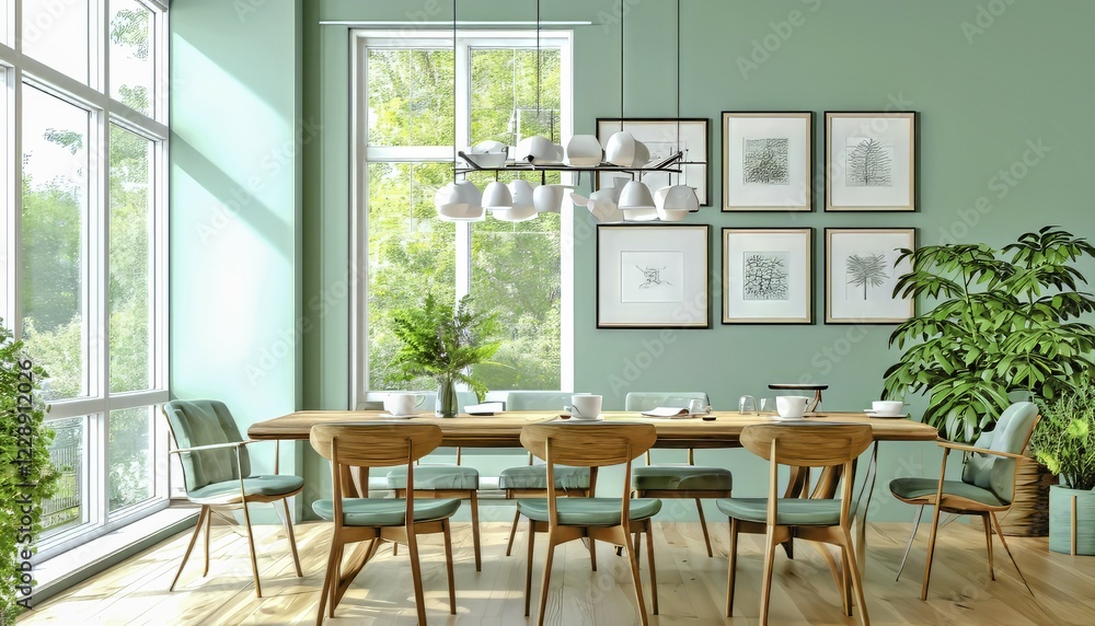 Fototapeta premium Sunlit modern dining room with green walls and stylish wooden furniture, AI generated