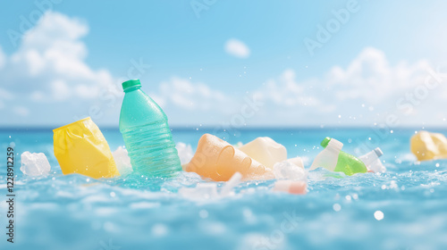 Plastic waste floats on the surface of the ocean under bright blue sky with clouds, concept environmental pollution and marine conservation
