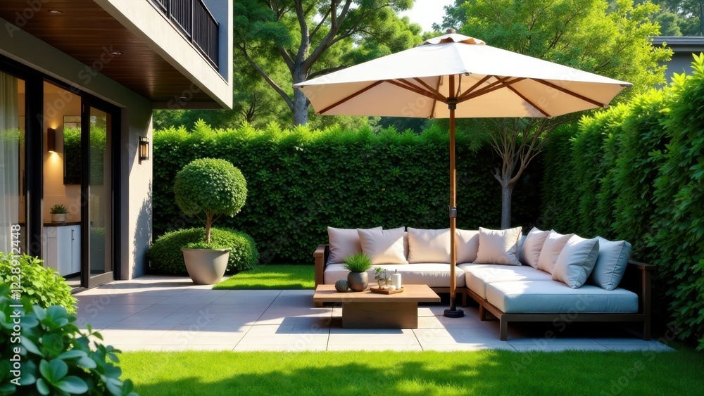 Modern Patio Oasis Secluded Backyard Relaxation with Comfortable Seating and Lush Greenery Modern Patio Oasis Secluded Backyard Relaxation with Comfortable Seating and Lush Greenery