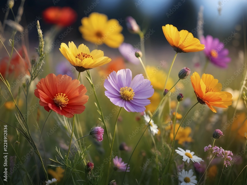 Wildflowers in a meadow, with a soft breeze slightly moving the petals, creating a serene and lively atmosphere, AI generated Wildflowers in a meadow, with a soft breeze slightly moving the petals, creating a serene and lively atmosphere, AI generated