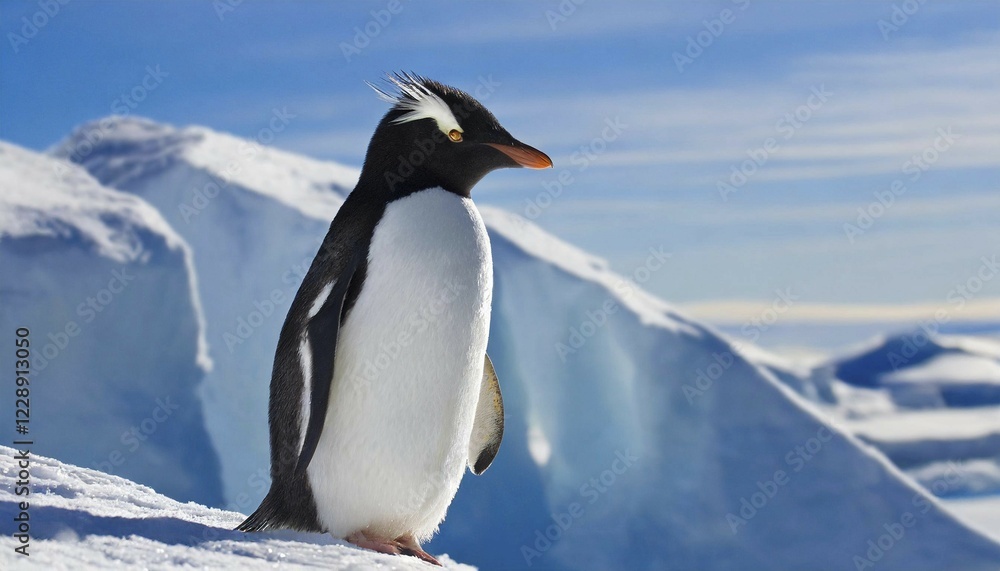 Fototapeta premium AI generated, animal, animals, bird, birds, biotope, habitat, one, individual, blue sky, winter, ice, snow, foraging, wildlife, summer, seasons, southern rockhopper penguin (Eudyptes chrysocome)