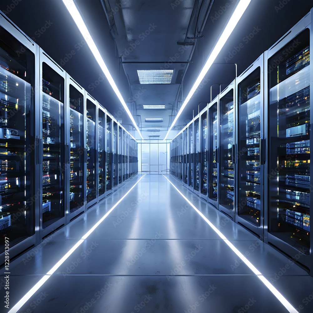 Fototapeta premium Modern server room teeming with racks of servers, AI generated
