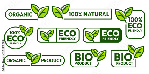 Set of eco friendly icons. Ecologic food stamps. Organic natural food labels. 100% natural, bio, vegan, green, icon, logo, badge, sticker, emblem, symbol, line, flat vector, isolated illustration.