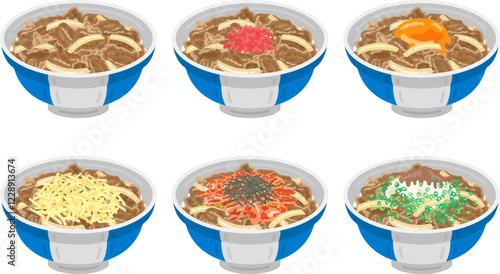 いろいろな種類の、牛丼のイラストセット