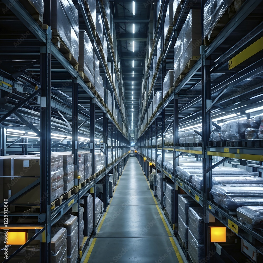 Fototapeta premium Modern automatized high rack warehouse interior with pallets and boxes, AI generated