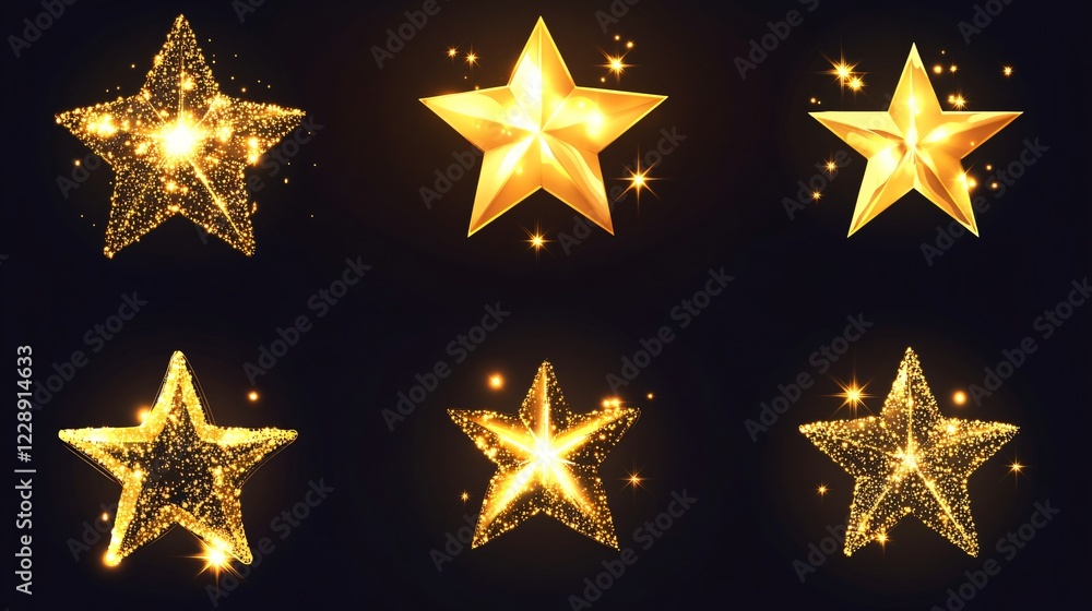 Yellow Sparkle Star 3D Vector Illustration Set Yellow Sparkle Star 3D Vector Illustration Set